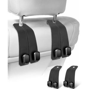 Car Hooks for Headrest, 2Pcs Seat Back Storage Hook Luxurious Leather 100% Metal Multifunctional Car Hanger & Holder for Heatrest, Seat, Bag, Purse (Black)
