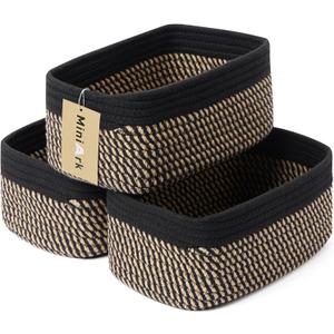 MiniArk Small Storage Baskets for Organizing | Closet Organizer Bins | Shelf Toy Basket | Woven Rope Baskets | Cube Decorative Box | Shallow Basket | 11.5x7.5x4.7” | 3 Packs Black Brown