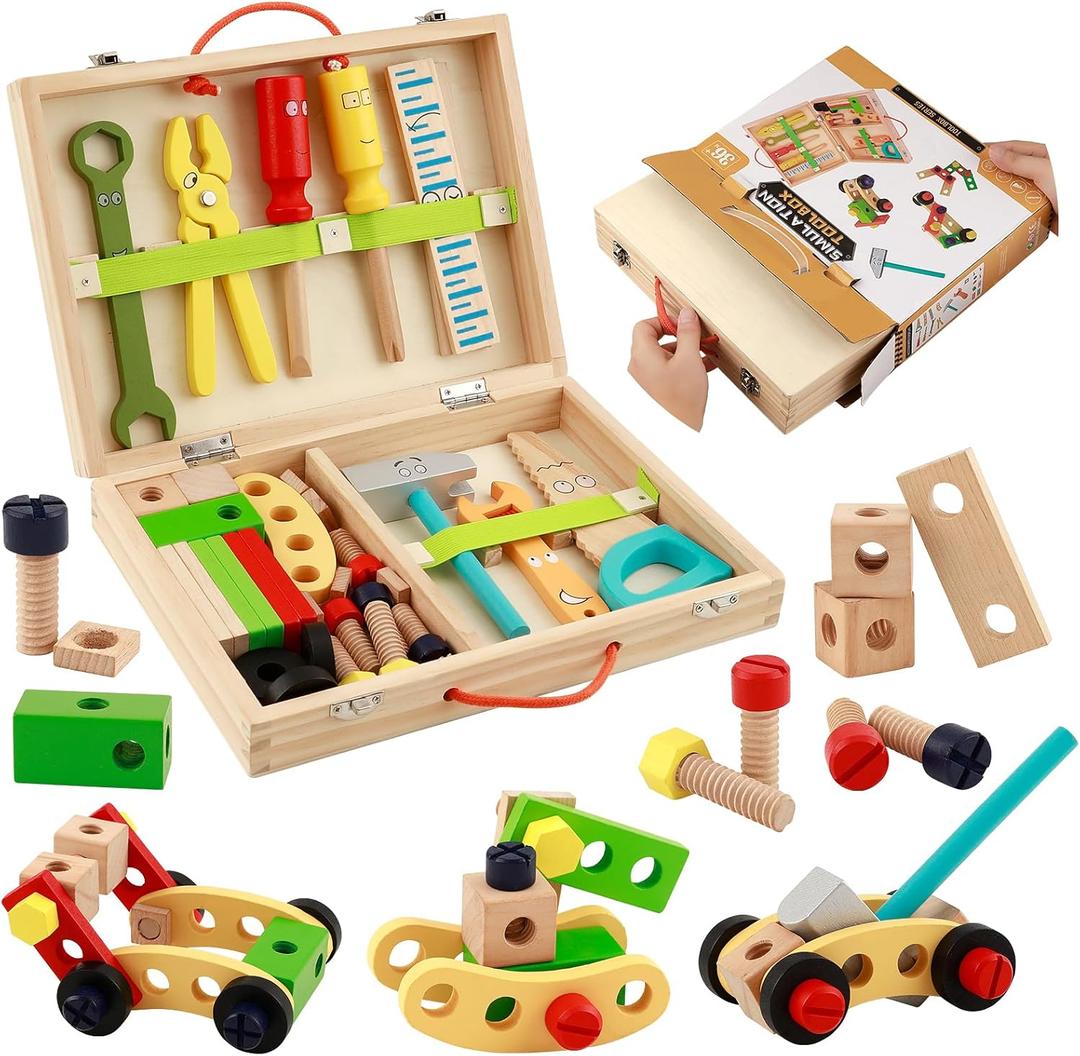 Kids Tool Set Wooden Toddler Play Tools Set with Tool Box, Montessori Educational Learning Toys STEM Construction Building Toy for 3 4 5 6 7 8 Years Old Kids Birthday Gifts for Boys and Girls