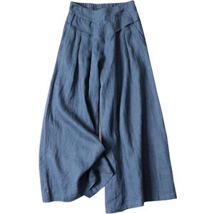 SCUSTY Linen Pants for Women Culottes Capris Wide Leg Palazzo Boho Pants Trousers (Small, Dark Blue)
