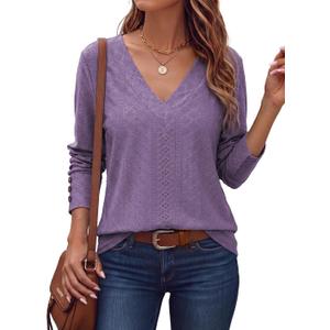 Dokotoo Womens Fall V Neck Long Sleeve Eyelet Embroidered Blouse (Purple, L)