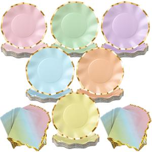 Havawish 48 Pcs Pastel Plates and Napkins Party Supplies 8'' Dessert Rainbow Paper Plates with Foil Edge Scalloped Tea Party Decorations Cake Disposable Dinnerware Set for Birthday Bridal Wedding