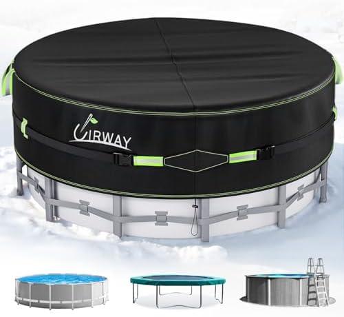 UIRWAY 12 Ft Round Pool Cover with Reflective Strips, Swimming Pool Cover for Above Ground Pools, Solar Cover Including Rope Tie and Luminous Ground Nails, PU Tarp Snug Fit for UV Protected
