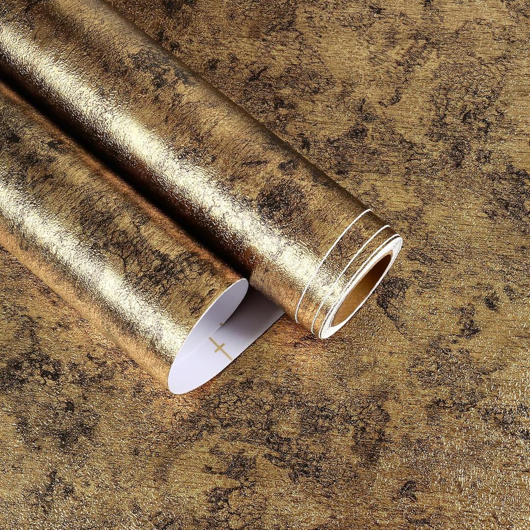 Antique Gold Wallpaper Stick and Peel Metallic Contact Paper for Appliances Waterproof Textured Black Gold Metal Wallpaper 15.7"x160" Removable Heat Resistant Kitchen Vinyl Wrap for Cabinets