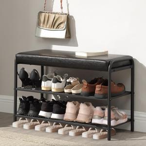 Shoe Rack Bench,3 Tiers Shoe Storage Organizer,Synthetic Leather Entryway Bench,Ottoman Bench with Metal Frame,Holds Up to 300 lb,for Bedroom Livingroom,Black