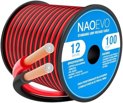 NAOEVO 12 Gauge Wire 100FT, 2 Conductors Electrical Wire Red Black Cable, Flexible/Low Voltage/PVC 12 AWG Copper Clad Aluminum Extension Cord for Speaker, LED Strips, Automotive 12V/24V DC