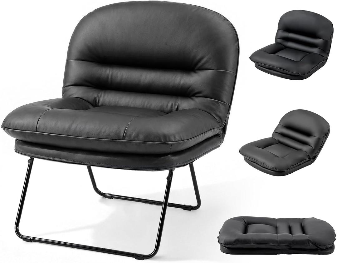 DUMOS PU Leather Foldable Chairs for Bedroom, Comfy Saucer Chair, Dorm & Gaming, Foldable Fashion Floor Chair with Back Support for Small Spaces,Black