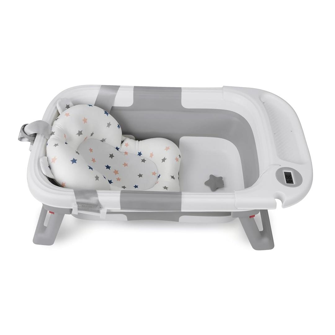 PandaEar Baby Bathtub for Newborn Infant, Collapsible Baby Infant Bath Tub Toddler Travel Bathtub with Soft Cushion & Drain Hole for Toddler 0-24 Months (Gray)
