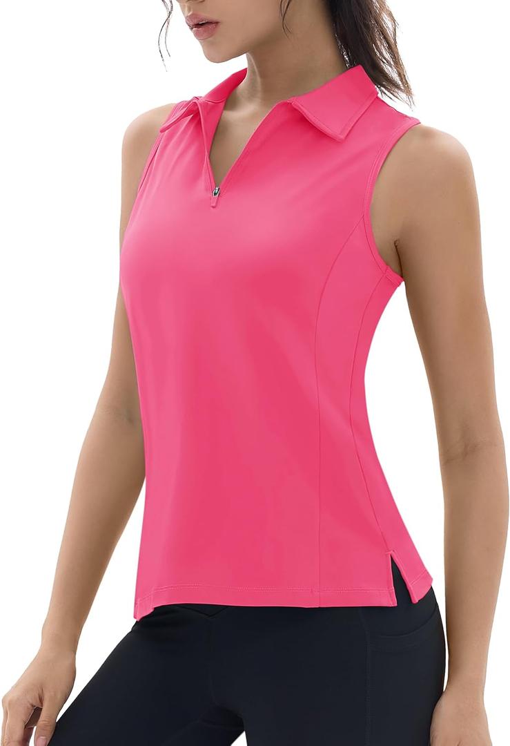 TACVASEN Womens Golf Shirts Sleeveless Racerback Polo Shirt UPF 50+ Zip Up Moisture Wicking Workout Tennis Athletic Tank Tops (Pink)