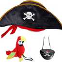 3Pcs Pirate Hat & Stuffed Shoulder Parrot & Eye Patches, Pirates Costume Accessories Skull Print Patch for Woman Men Adults for Halloween School Shows and Cosplay Props