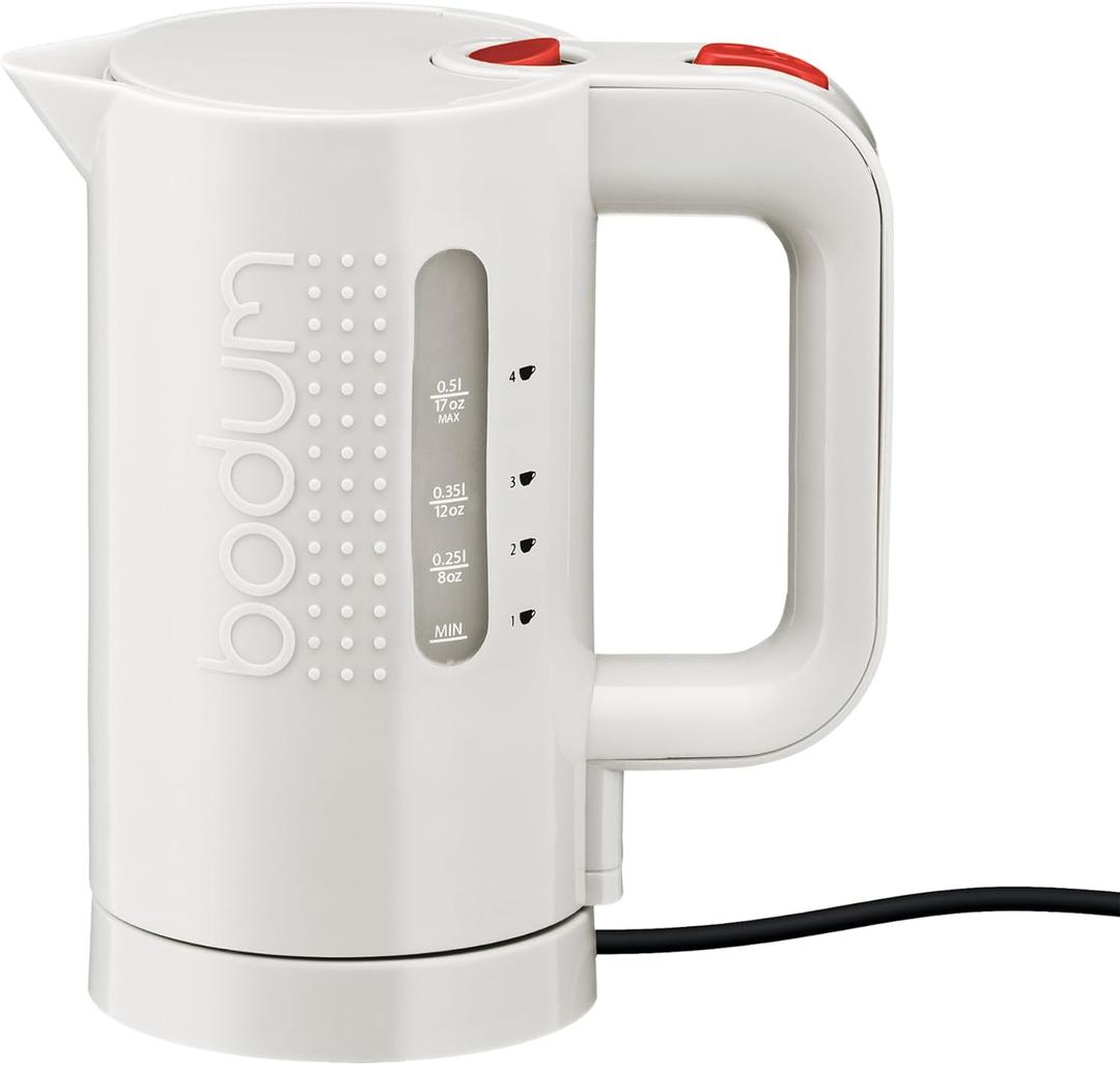 Bodum 17oz Bistro Electric Water Kettle For Coffee & Tea, BPA-Free Plastic, Rapid-Boil, Auto Shut-Off, White (0.5 Quarts)