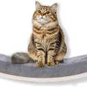 Curved Cat Shelves and Perches, Floating Cat Wall Bed with Comfortable Cushion (Wood Shelf+Grey Cushion)