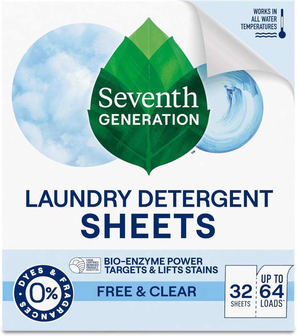 Seventh Generation Laundry Detergent Sheets 32ct Free & Clear Removes Tough Stains Safer for your family (32 Count (Pack of 1))