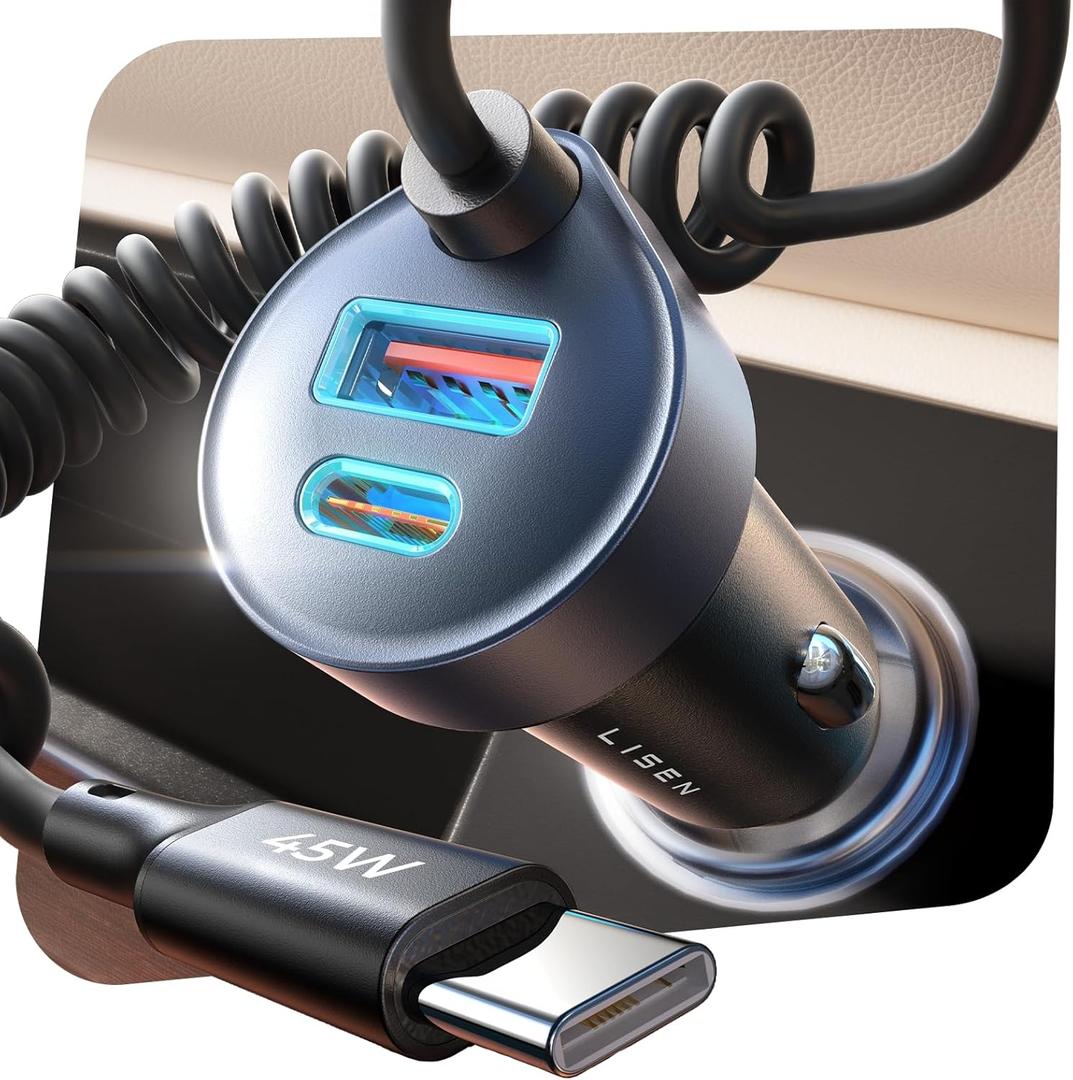 LISEN 3-in-1 Car Charger, Cigarette Lighter Socket, USB 75W + 45W C Cable, 90W Fast Charging, Industry's Smallest 3-in-1 Socket