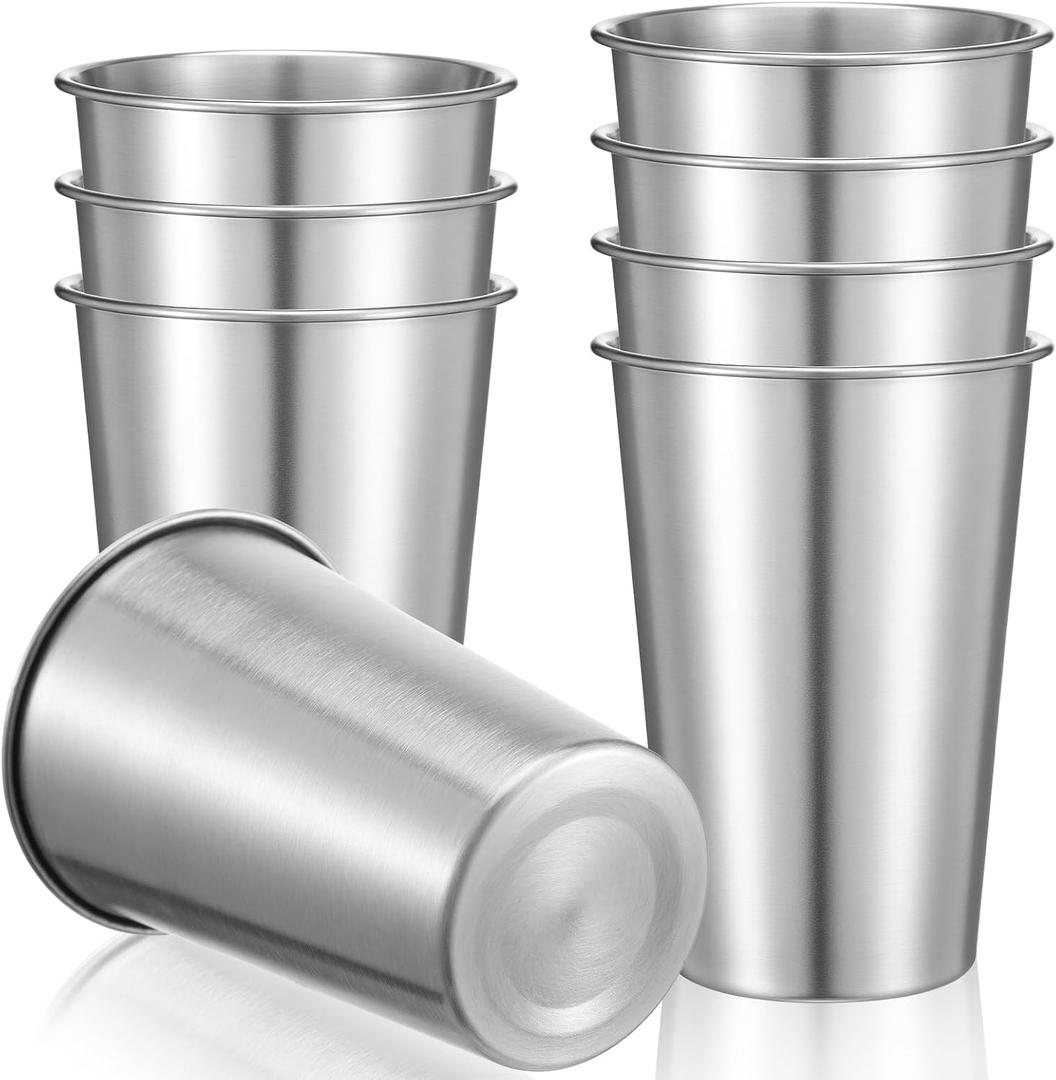 AojSup 8 Pack 16 oz Stainless Steel Pint Cups, Stainless Steel Cup, Pint Cup Tumbler, Water Tumbler, Unbreakable Metal Drinking Glasses for Bar, Home, Restaurant