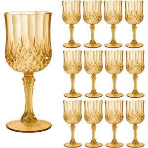 CHLJAR 7oz Plastic Vintage Drinking Glasses Wine Glasses Vintage Champagne Flutes Unbreakable Wedding Glassware Crystal Water Goblets Reusable Drinkware (Amber, 12 PCS)