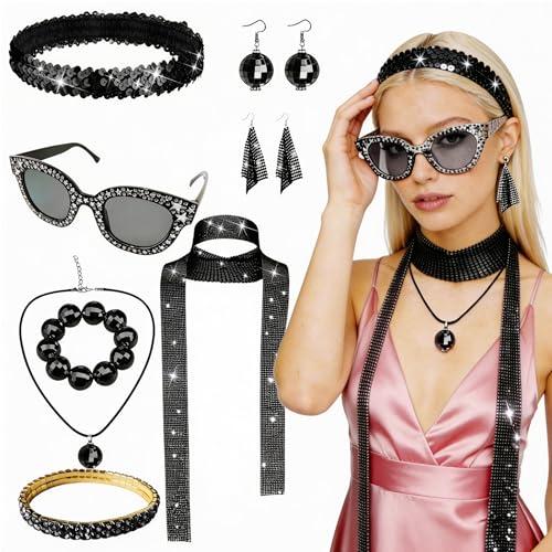 ELECLAND 10 Pieces 1970s Disco Women Accessories Set Sequin Headband Glitter Sunglasses Earrings Necklace Choker Bracelet for Party Halloween Cosplay (Black)