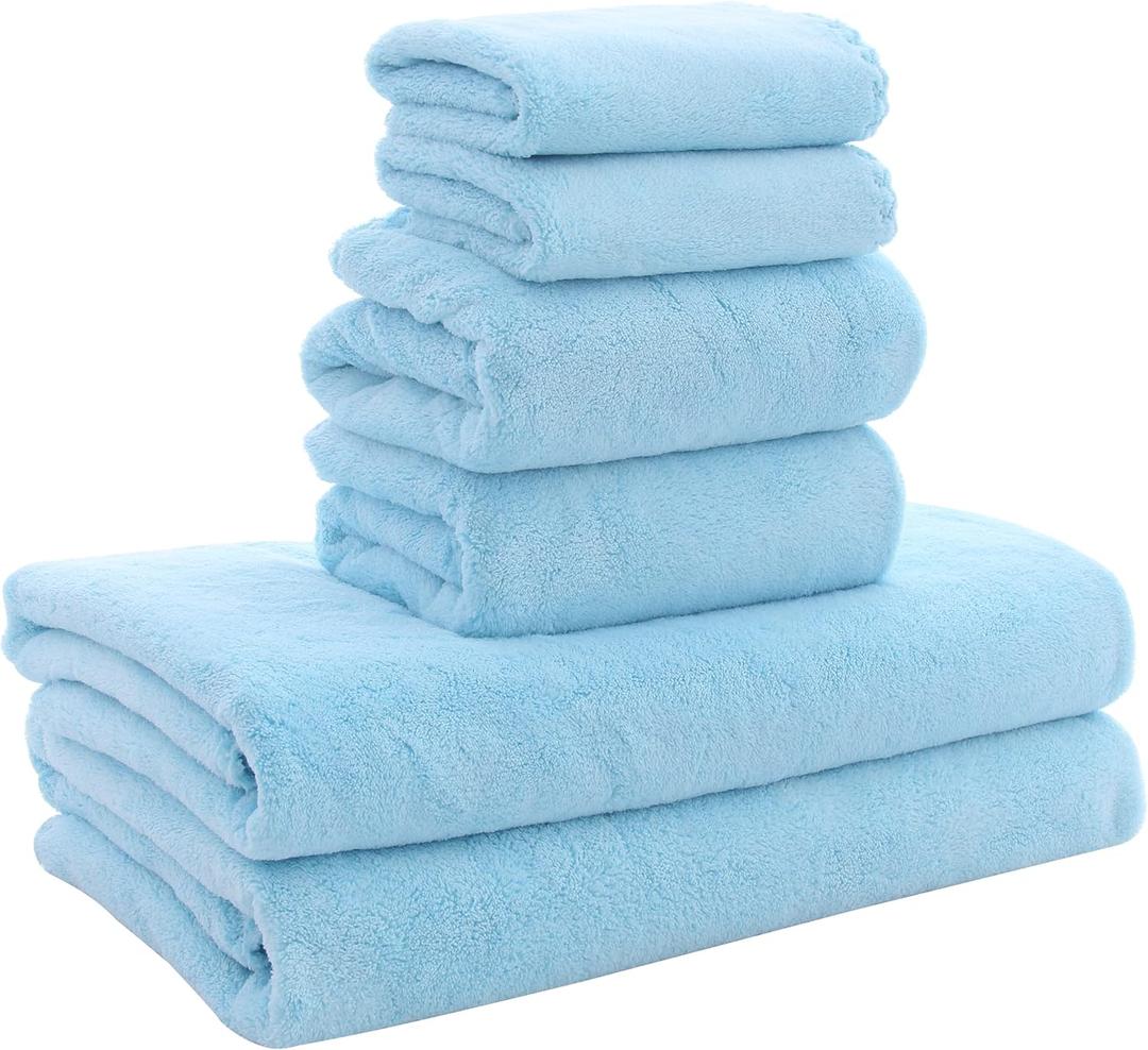 MOONQUEEN Ultra Soft Towel Set - Quick Drying - 2 Bath Towels 2 Hand Towels 2 Washcloths - Microfiber Coral Velvet Highly Absorbent Towel for Bath Fitness, Sports, Yoga, Travel (Aquamarine 6 Pieces)