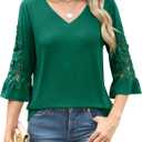 Rapbin 3/4 Length Sleeve Womens Tops Summer Lace Ruffles Sleeve T Shirts V-Neck Dressy Casual Trendy Tunic Blouses (Green, L)