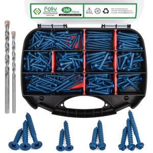 FOLIV 260PCS Concrete Screws with Drill Bit, 1/4 3/16 Concrete Screw Assortment Kit, Flat & Hex Head Masonry Block Brick Cement Screws and Anchors, Diamond Point, Length from 1-1/4 to 2-1/4