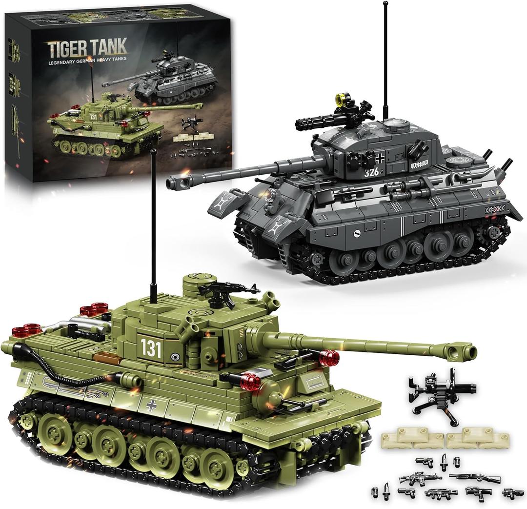 WW2 Army Tank Building Blocks Set, 2 Classic Military Tanks Building Set with Rotatable Turret, Movable Tracks & Tactical Gear, Tiger Tank Model & Military Vehicles for Collectors and Boys, 1314Pcs