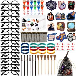 96Pcs Wizard Party Favors Bulk Birthday Decorations Gifts with Wand Pencils Mini Notebook Glasses Stamp Sticker Bracelet Gift Bag for Kids Wizard Magical Goodie Bag Stuffer Classroom Prize Supplies