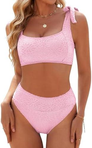Blooming Jelly Womens High Waisted Bikini Set Tie Strap Jacquard Terry Cloth 2 Piece Swimsuit Modest Cute Retro Bathing Suit M