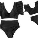 IFFEI Mommy and Me Family Matching Swimsuits Ruffle Sleeve Tie Back Womens Bathing Suit Two Piece Bikini Sets (Black, M)