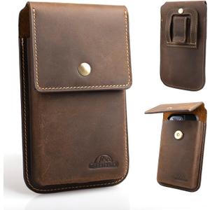 Topstache Leather Cell Phone Holster for Galaxy S25/S24/S23/S22 - Belt Clip Cell Phone Case for iPhone 17/16/15/14/13 - Magnetic Closure Leather Belt Holster Pouch for Men, L,Darkbrown