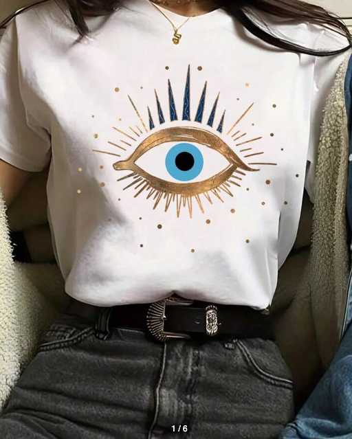 INAWLY Women's Eye Print Short Sleeve T-Shirt Graphic Tees Women Tops, Size M