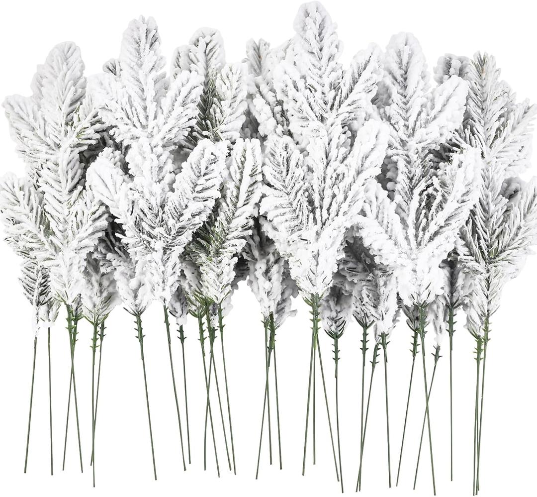 DIYDEC 30pcs Snowy Pine Branches 11.8" Christmas Artificial Pine Picks Branches Snowy Pine Needles Frosted Faux Pine Picks Greenery Stems for Christmas Tree Garland Wreath Vase DIY Crafts Home Winter