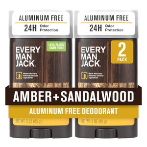 Every Man Jack Amber + Sandalwood Mens Deodorant - Stay Fresh with Aluminum Free Deodorant For all Skin Types - Odor Crushing, Long Lasting, with Naturally Derived Ingredients - 3oz (2 Pack)