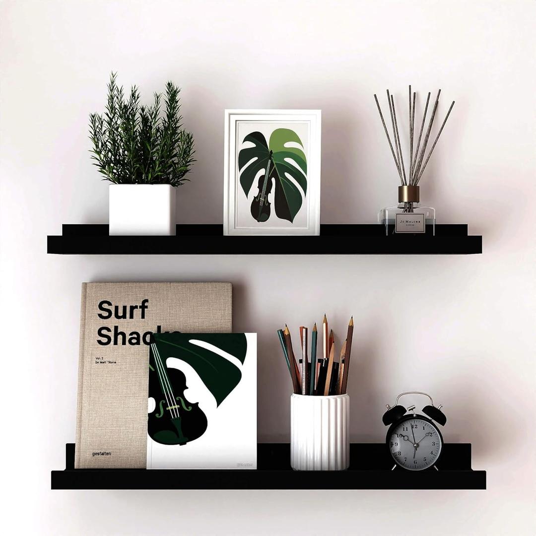 Long Floating Shelves for Wall Decor, Long Wall Mounted Storage Shelf for Bedroom, Living Room, Bathroom, Kitchen, Nursery, Display Picture Ledge Shelf with Lip Set of 2-24 Inches, Black