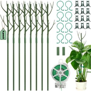 8 Pack Monstera Plant Support Stakes, 27.5inch Detachable Twig Plant Support Stakes with 12 Orchid Clips, 8 Twist Clips 65ft Twist Ties - Ideal Plant Stakes for Indoor Outdoor Plants