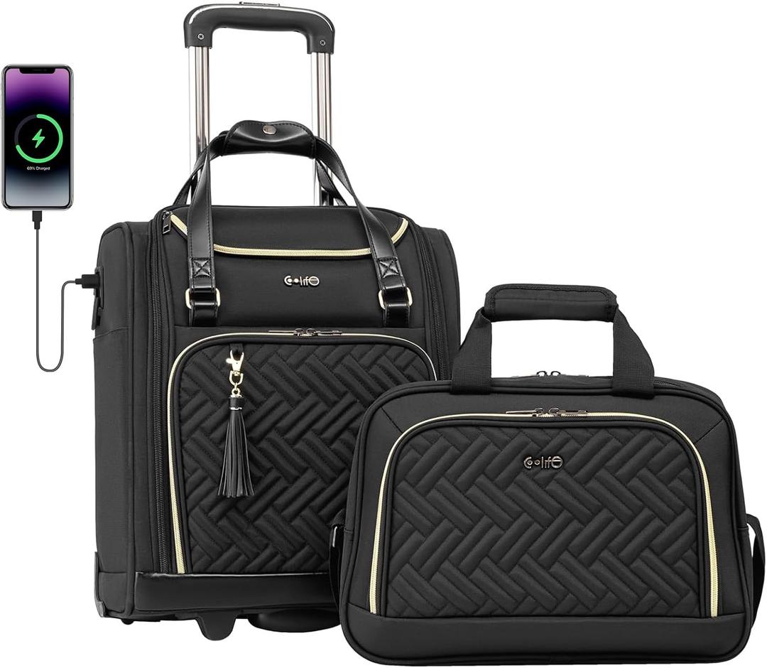 Coolife Luggage Carry On Luggage Underseat Luggage Suitcase Softside Wheeled Luggage Lightweight Rolling Travel Bag Underseater (Black, Carry-On 16-Inch)