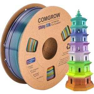 Comgrow Rainbow Colors Silk PLA 3D Printer Filament, PLA Filament 1.75mm, Dimensional Accuracy +/- 0.02 mm, 1KG Spool, Coextrusion 3D Filament with Shiny Silk Rainbow Yellow