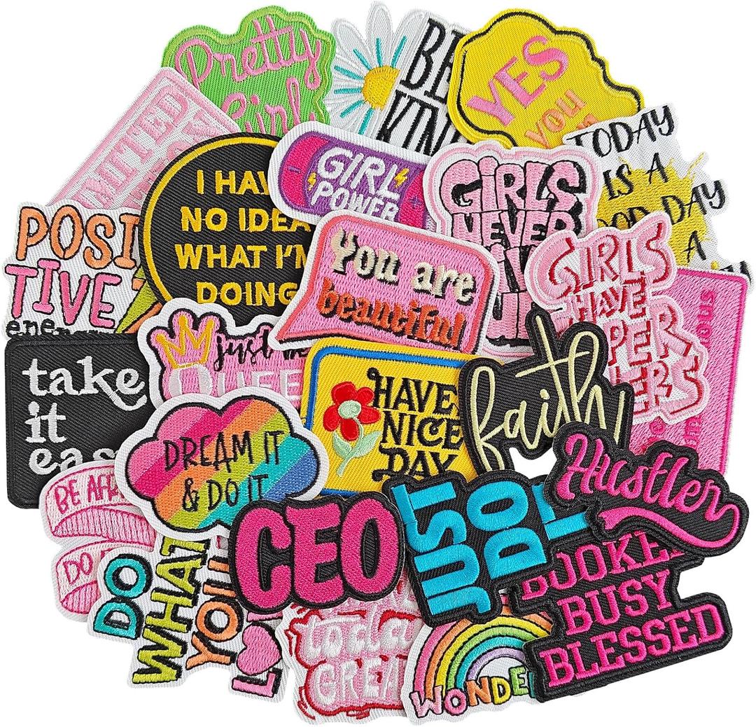 25 Pcs Phrase Iron on Patches for Girls, Assorted Styles Patches for Hat, Positive Affirmations Iron on Patches for Clothes, Backpack, Bags, Shoes and DIY Crafts