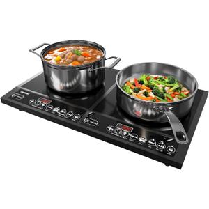 Sunvivi Portable Induction Cooktop: 2 Burners in 1, Commercial-Grade Electric Countertop Stove with LED Touchscreen, 8 Power Levels & Precise Temp Control (176°F-518°F), Independent Timer, Black