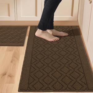 COSY HOMEER 48x20 Inch/30X20 Inch Kitchen Rug Mats Made of 100% Polypropylene 2 Pieces Soft Kitchen Mat Specialized in Anti Slippery and Machine Washable, Brown (20"x30"+20"x48")