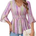 Timeson Women's 3/4 Sleeve Tops Dressy Casual V Neck Floral Blouses Elastic Waist Fall Shirts (Pink, L)