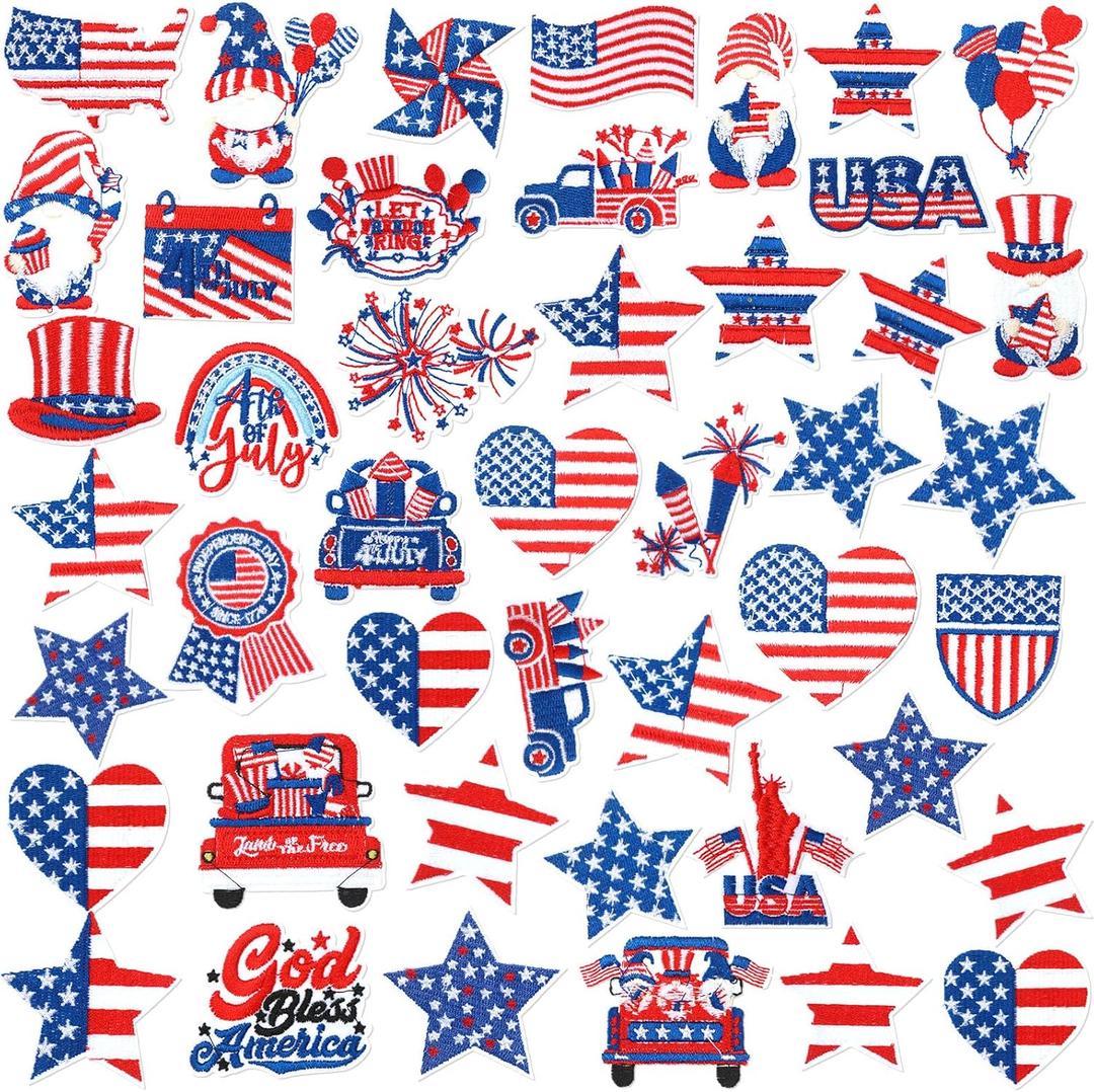 Yuxung 48 Pcs 4th of July Iron on Patches Patriotic 250th Anniversary Independence Day Embroidered Sew Applique Repair Patch Memorial Day American Flag DIY Crafts for Jacket Dress Backpack Decorations