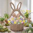 Reallnaive 16 x 9.4 x 3.9 Inch Easter Bunny Basket Hand Woven Wicker Rabbit Wreath Basket Hanging Wall Pocket Spring Wreath Decor with White Floral for Front Door Hanging Decoration