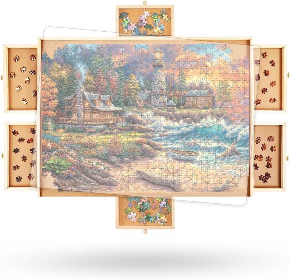 2000 Piece Wooden Jigsaw Puzzle Board -6 Drawers, Rotating Puzzle Table | 41.5 X 30 Jigsaw Puzzle Table | Cover Included - for Adults and Kids by Beyond Innoventions