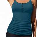 Daci Tankini Swimsuits for Women - Two Piece Tummy Control Swimsuits Ribbed Tankini Top with Shorts Button Bathing Suits (X-Large, Teal and Black)