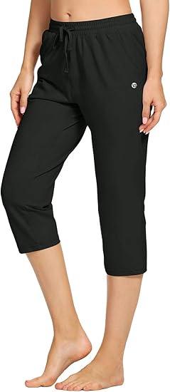 Women's Capri Pants Cotton Jersey Yoga Capris Drawstring Joggers Workout Sweatpants Loose Lounge Crop Pants Pockets, M (Black)