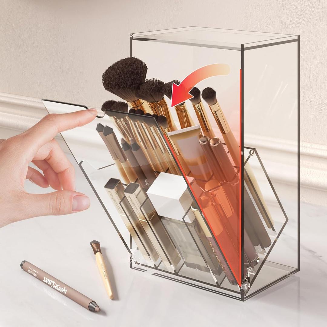 Acrylic Makeup Brush Holder Organizer with LidTilt Open Cosmetic Make Up Brushes Case with 17 Slots for Vanity Bathroom Countertop