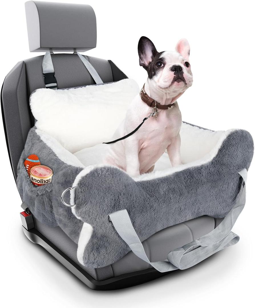 25.5"x24.3"x11" Dog Car Seat for Small Dogs & Cats, Dog Booster Car Seat with Plush Cushion, Non-Slip Bottom & Safety Leash, Cats Bed with Side Pocket for Sedan, SUV and Truck, Washable (Gray & White)