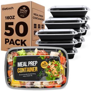 100-Piece (50-Pack) 16 OZ Meal Prep Containers Reusable with Lids, Sturdy Leakproof & Food Safe, Microwave, Freezer, Dishwasher Safe To Go Food Containers, Plastic Take Out Containers, Black