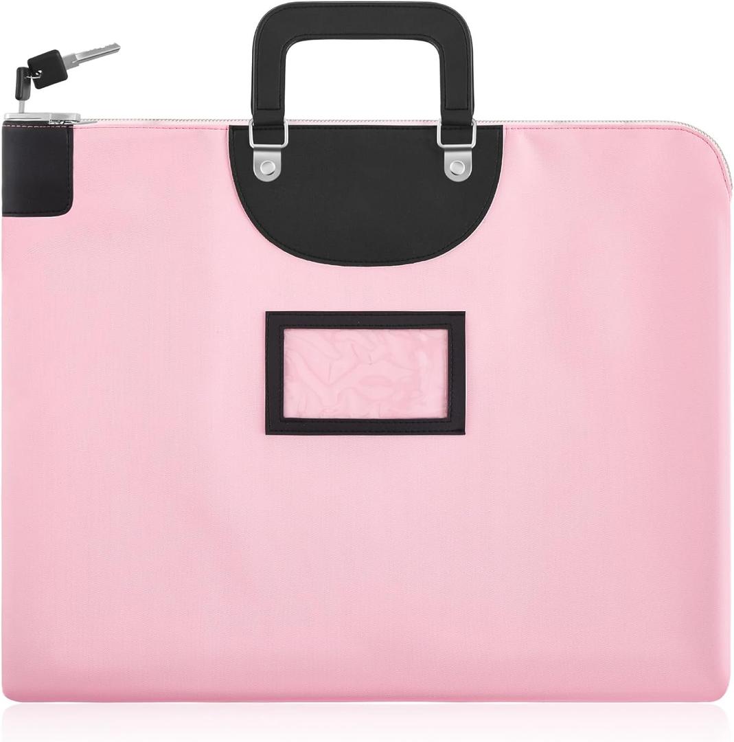 Fuyoooo Women Pink Money Bag with Lock and Handle, 19 W x 15 H Courier Bag Bank Bags with Zipper Metal Pop up Lock for Money, Coins, Currency, Checks & Documents