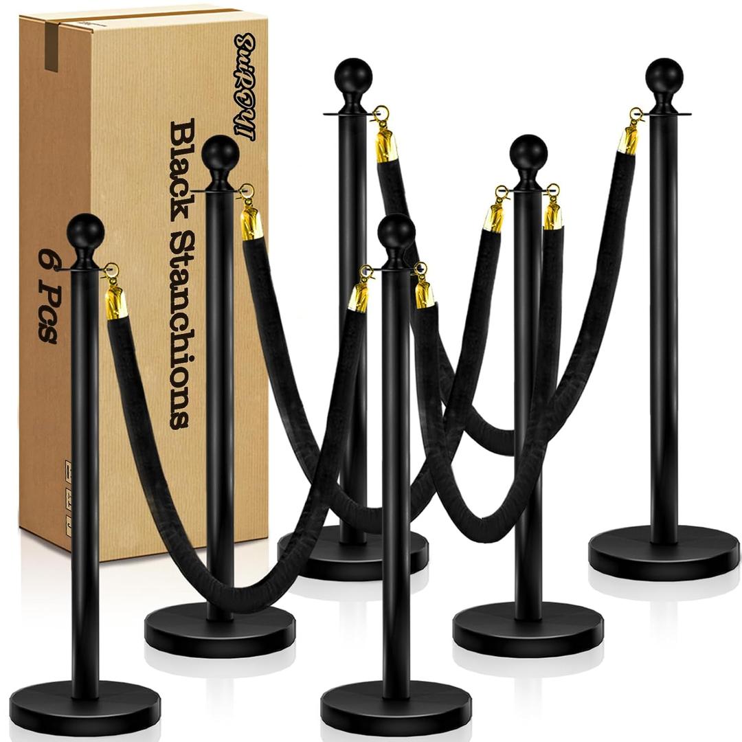6 Pcs Black Stanchions with Velvet Ropes with 4 Pcs 5 Ft Black Velvet Ropes Carpet Ropes Posts Stanchion Set for Crowd Control Barriers for Weddings, Events, Hotels, and Party Decor